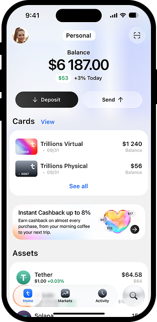 Trillions app — balance, cards, cashback